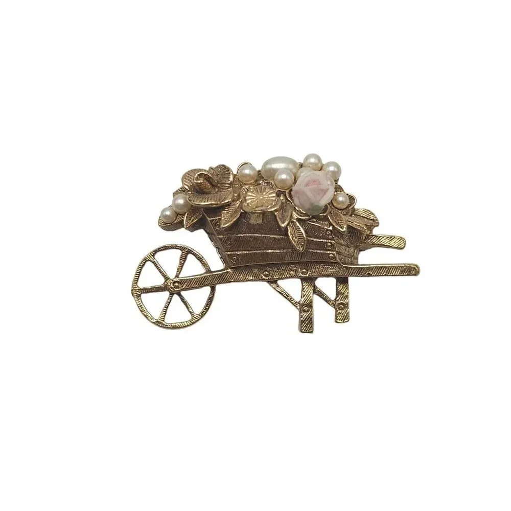 Faux Pearl Rose Floral Textured Wheelbarrow Brooch Pin Gold Tone Vintage